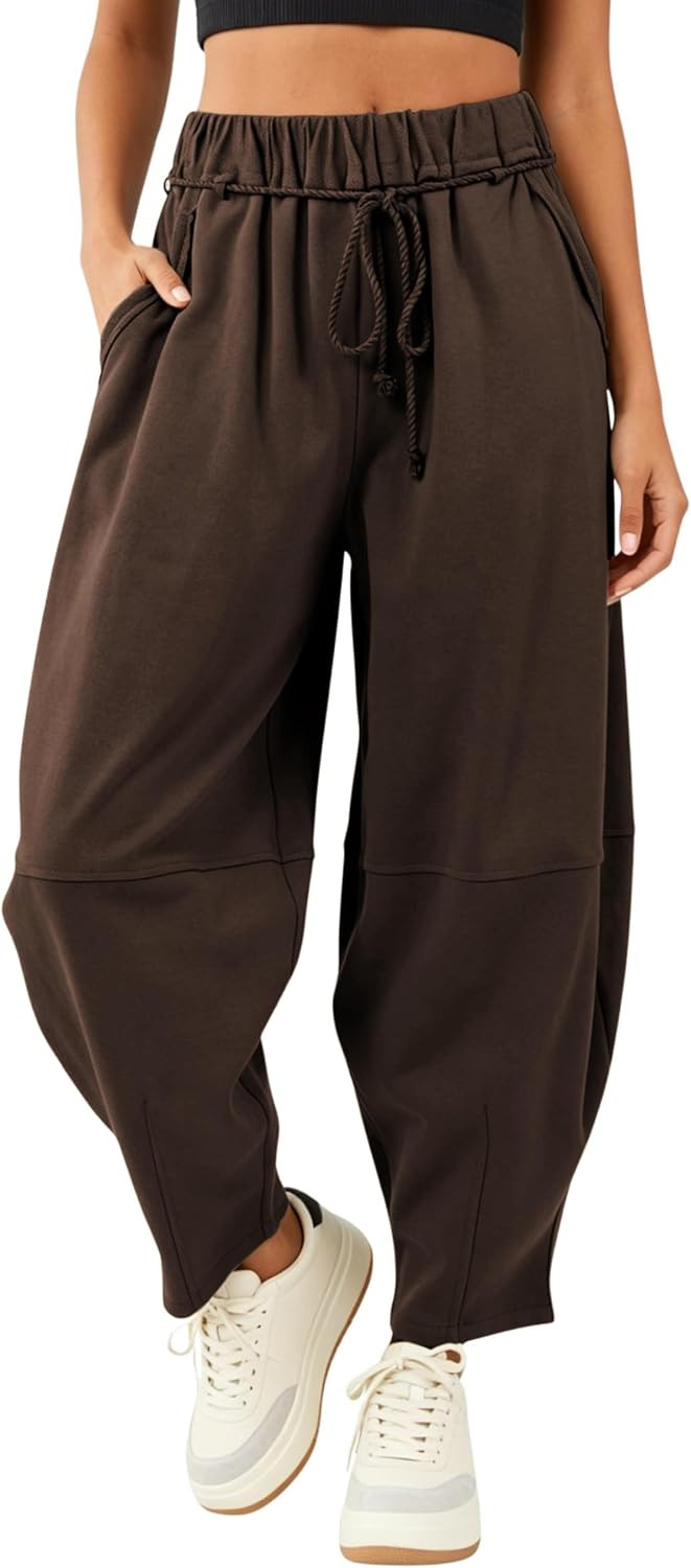 SeekMe Women's Barrel Leg Pants Drawstring Elastic Waist Palazzo Sweatpants Lounge Cotton Boho Trousers | Amazon (US)