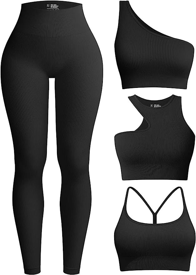 OQQ Womens 4 Piece Workout Outfits Ribbed Yoga High Waist Leggings with 3 Piece Crop Tops with Sp... | Amazon (US)