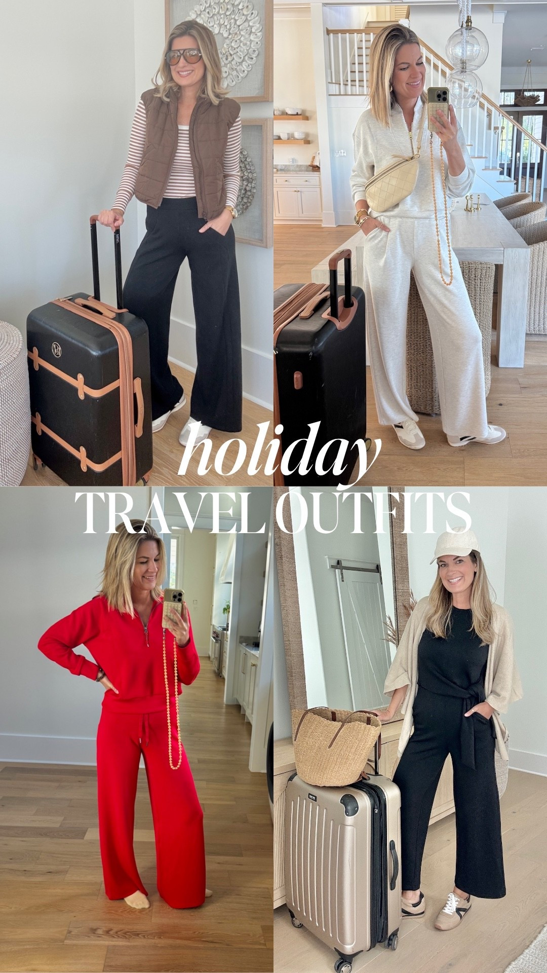 Holiday travel outfit ideas. All of the Spanx pieces are on sale right now! They come in tall and petite 👏. Sizing info below. I’m 5’11” for reference.

Outfit 1 - I am in size small in the vest and tee. Xs tall in the pants.

Outfit 2 - Small top. Small pants in 32” inseam. 

Outfit 3 - Small sweatshirt and small tall wide leg pants.

Outfit 4 - Small tall jumpsuit. One size wrap.

#LTKTall #LTKTravel #LTKOver40