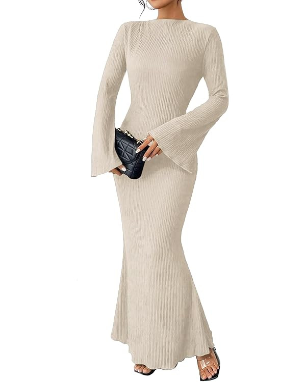 Narecte Fall Dresses for Women 2024 Maxi Dresses Solid Color Boho Dresses Flare Sleeve Dress Body... | Amazon (US)