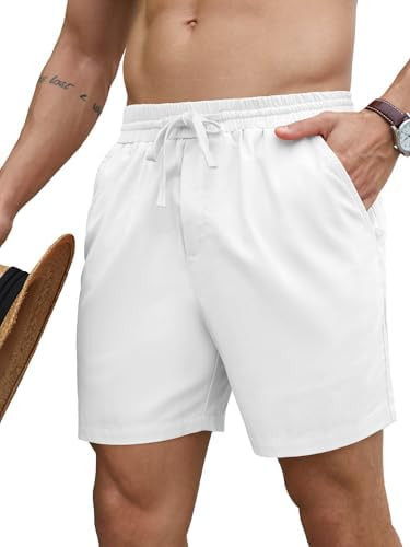 PLEPAN Mens 5 Inch Linen Shorts - Casual Elastic Waist Drawstring Summer Beach Shorts with Pocket | Amazon (US)