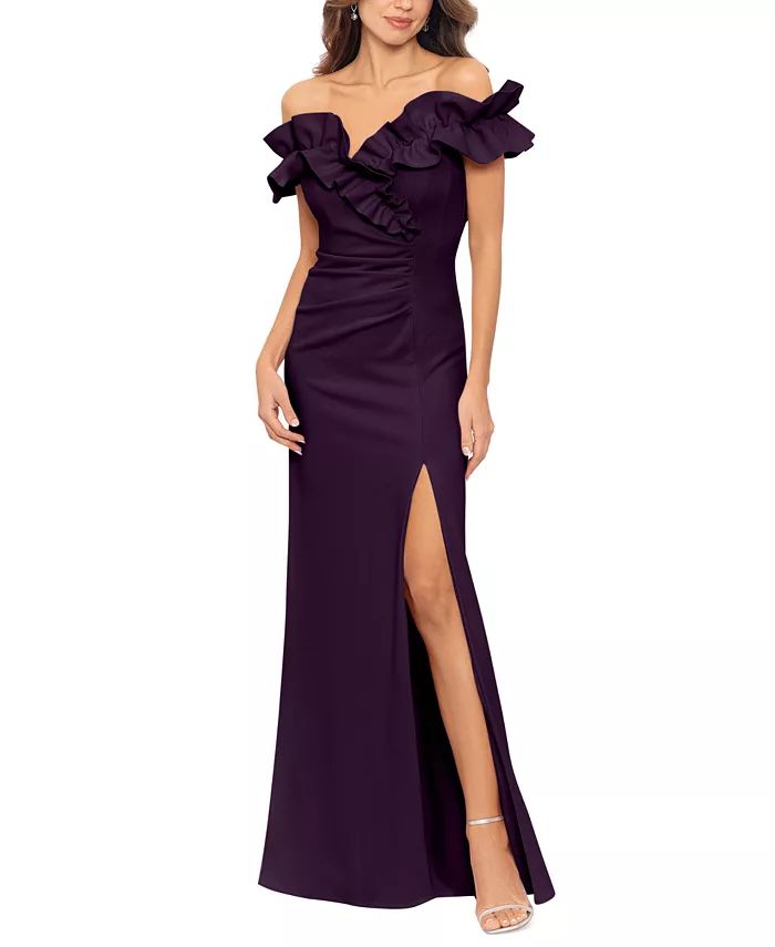 Ruffled Ruched Scuba Fit & Flare Gown | Macy's