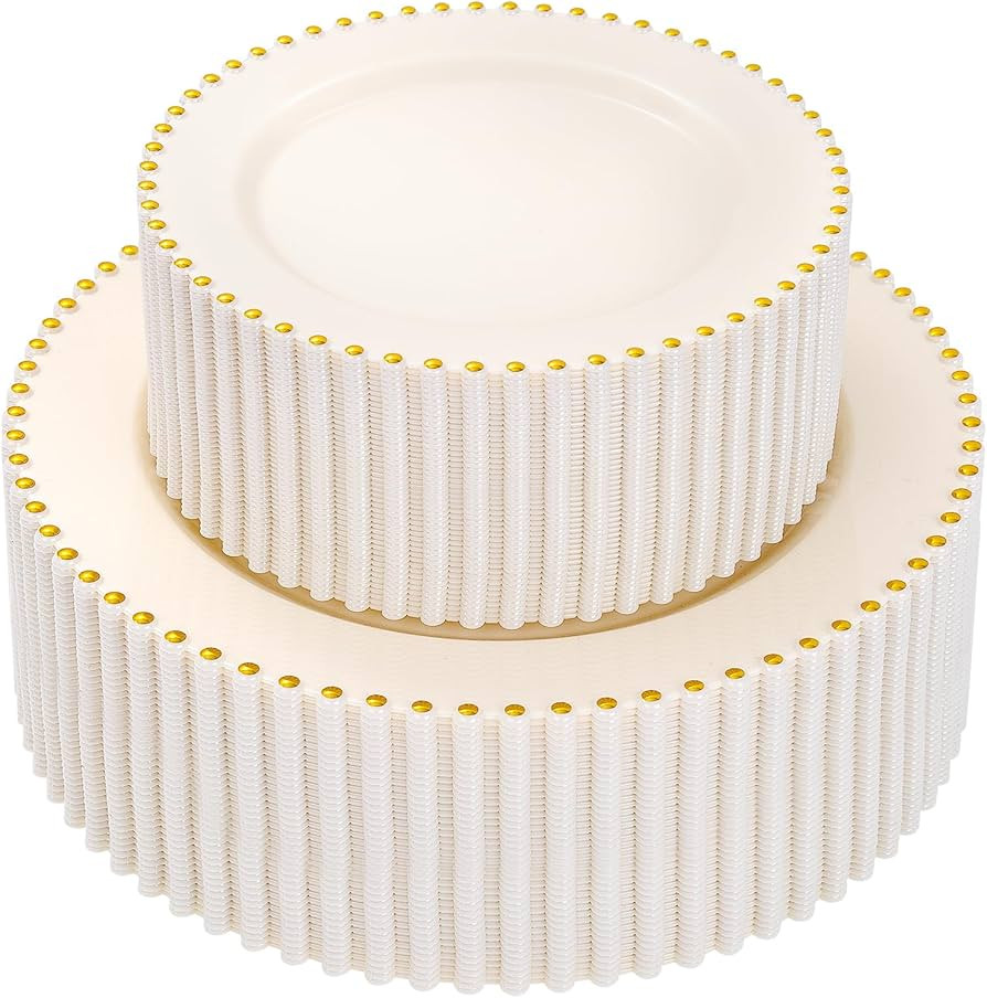 supernal 100pcs Ivory Plastic Plates with Gold Beads - Heavy Duty Elegant Disposable Plates Set I... | Amazon (US)