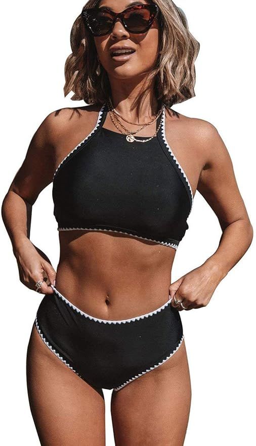 Beachsissi Women Bikini High Waist Contrats Binding Black Halter 2 Piece Bathing Suit | Amazon (US)