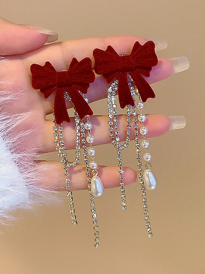 2pcs Red Plush Bowknot Earrings With Imitation Faux Pearl Long Tassel Drop & Luxurious Rhinestone... | SHEIN