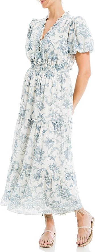 Max Studio Women's Georgette Short Sleeve V-Neck Tier Maxi Dress | Amazon (US)