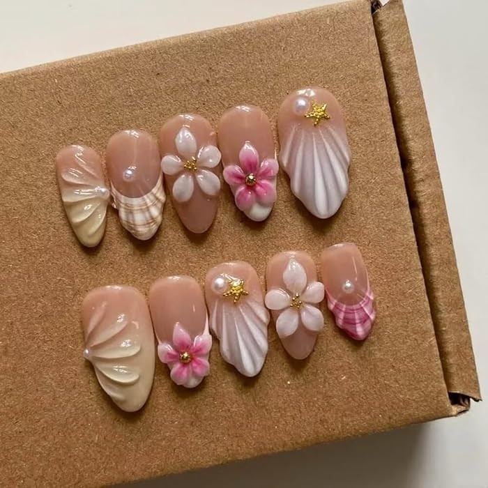 Press On Nails - 3D Almond Handmade Unique French Fake Nails, Thick Acrylic and Muti-Layer Gel Fa... | Amazon (US)