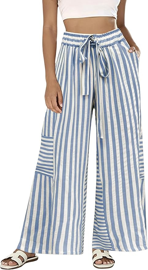 Bankeng Womens Summer Casual Striped Pants Loose Wide Leg Lounge Pants Elastic Waist Palazzo Trou... | Amazon (US)