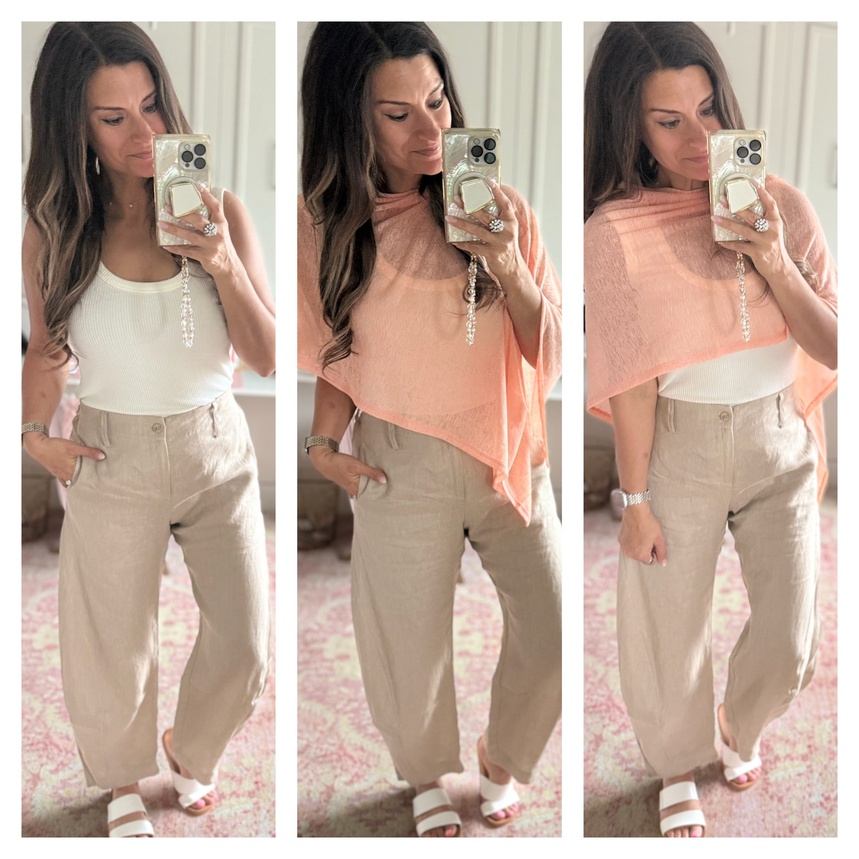 Casual look for summer with linen barrel pants, a white tank, and a wrap 

 