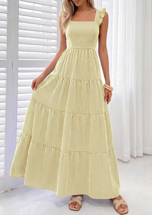 Womens 2026 Summer Casual Maxi Dresses Striped Square Neck Sleeveless Boho Flowy Sundress Beach V... | Amazon (US)