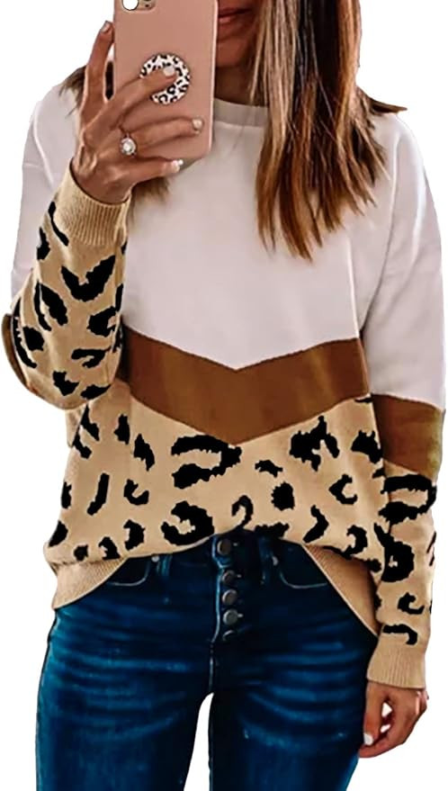 PRETTYGARDEN Women’s Casual Long Sleeve Off Shoulder Knitted Sweater Leopard Print Color Block ... | Amazon (US)
