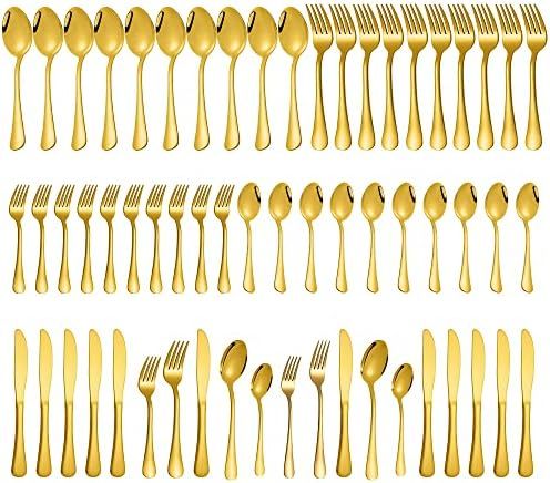 Amazon.com | Gold Silverware Set, 60 Pieces Stainless Steel Flatware Set for 12, Stain Finish Cut... | Amazon (US)