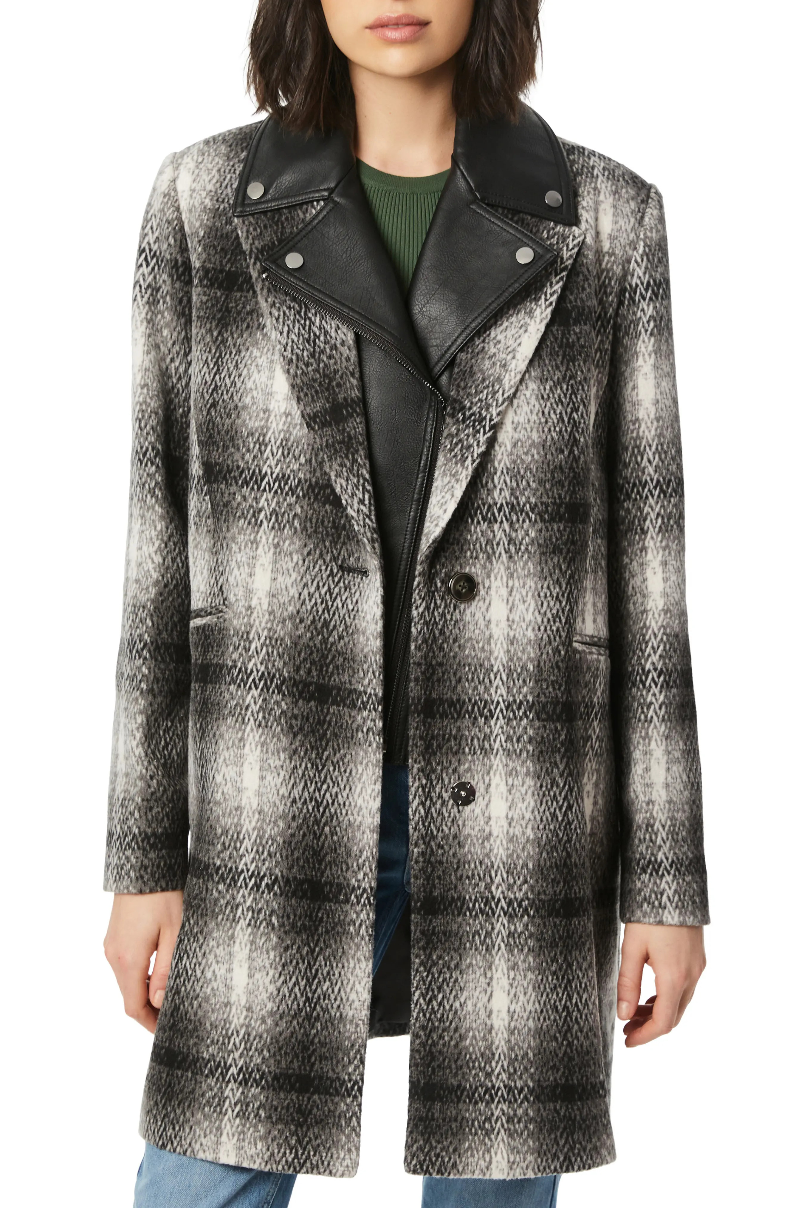 Bernardo Plaid Coat with Removable Faux Leather Bib in Grey at Nordstrom, Size Large | Nordstrom