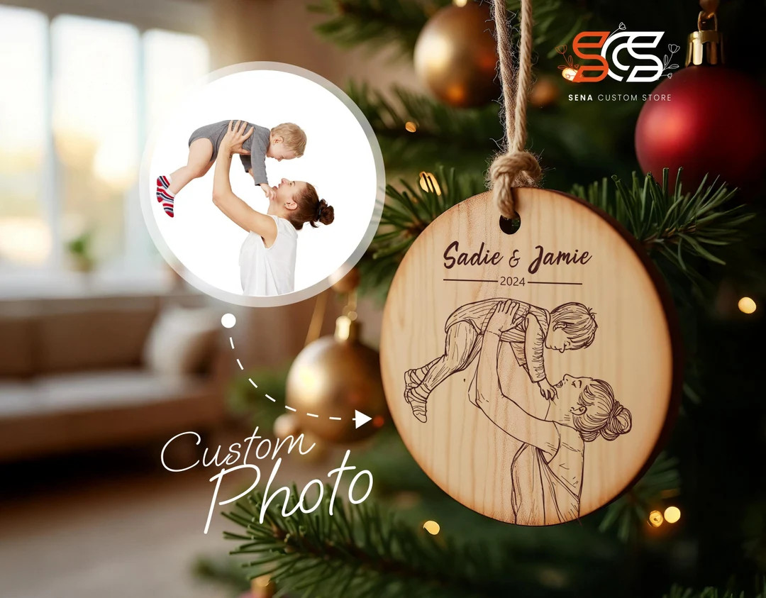 Custom Photo Line Art Ornament, Personalized Engraved Family Ornament, Wood Etched, Christmas Gif... | Etsy (US)