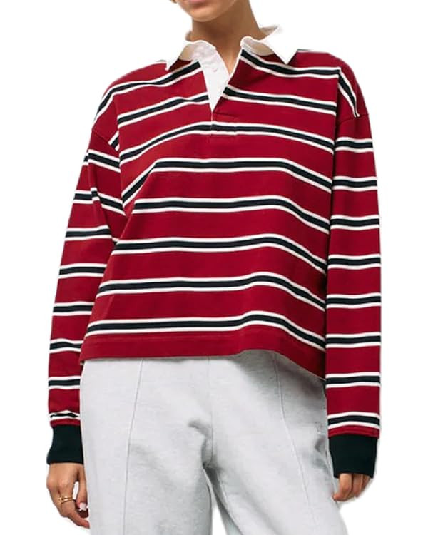 Women Striped Rugby Polo Shirt Y2k Oversized Lapel Collared Pullover Tops Loose Fit Button Up Lon... | Amazon (US)