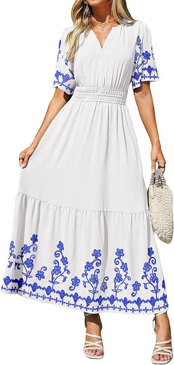 Simplee Women Summer Maxi Dress Formal Short Sleeve Embroidery Floral Boho Wedding Guest Tea Part... | Amazon (US)