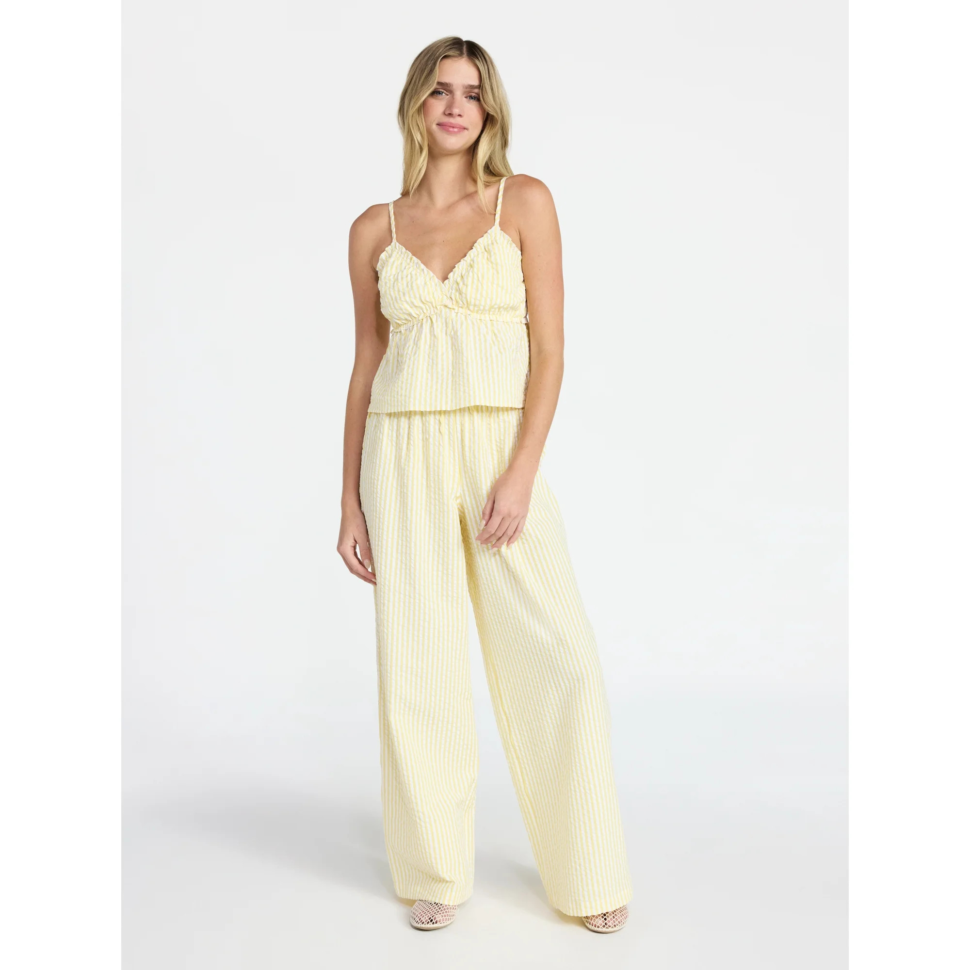 No Boundaries Striped Seersucker Ruffle Cami and Drawstring Pants Set, 2-Piece, Women's XXS-4X | Walmart (US)