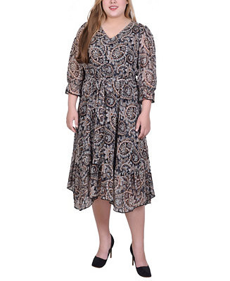 Plus Size 3/4 Sleeve V-Neck Flounced Dress | Macy's