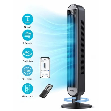 DREO 42" Smart Tower Fan for Home, Standing Bladeless Fan with WiFi Voice Control, 90° Oscillating Fan with LED Display, 12H Timer, 6 Speeds 4 Modes, 25ft/s High Velocity, Ultra Quiet Bedroom Fa | Walmart (US)