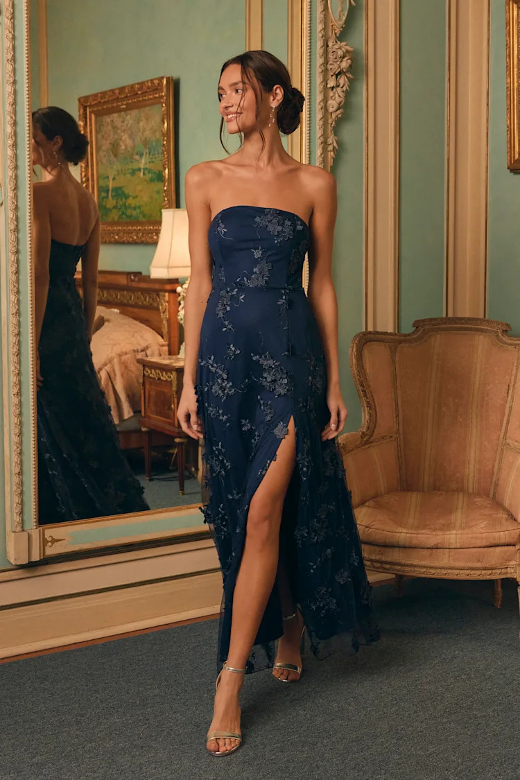 Rare Presence Navy Blue 3D Floral Embroidered Maxi Dress | Lulus