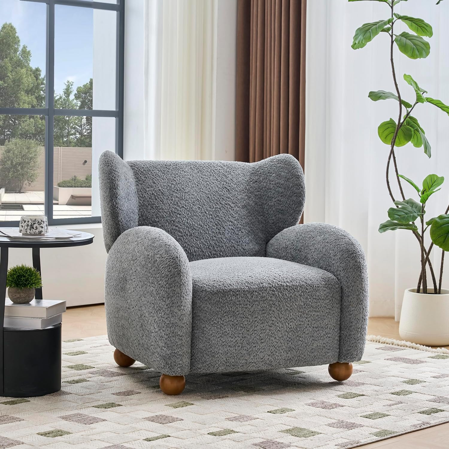 Christopher Knight Home Aiden Boucle Wingback Accent Chair, Fabric Upholstered Club Chair with Wooden Frame, Comfy Reading Chair for Living Room/Bedroom, Dusty Blue+Walnut | Amazon (US)