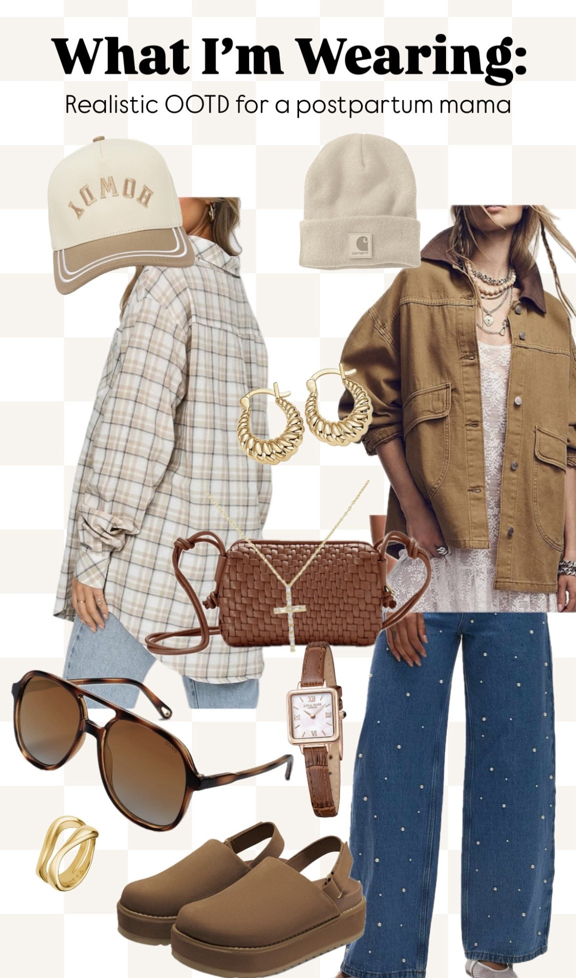 ✨ Postpartum OOTD but make it chic ✨
Because mama style can be comfortable, forgiving and put together. Oversized plaid and utility jackets give that effortless layered look, wide-leg jeans add shape while staying relaxed, and neutral accessories (think sunnies, gold hoops, crossbody, and chunky ring) instantly elevate the fit. Pair it with clog sandals and a timeless leather-strap watch to pull everything together.

This look is perfect for running errands, coffee dates, or chasing littles—no one would guess you threw it on in five minutes. 🤍

👉 Shop the exact pieces + affordable dupes on my LTK!

#OOTD #PostpartumStyle #RealisticOOTD #MomOutfits #FallOutfits #EffortlessStyle #EverydayChic #OOTDinspo #LTKmom #LTKfall

#LTKSeasonal #LTKStyleTip #LTKMidsize