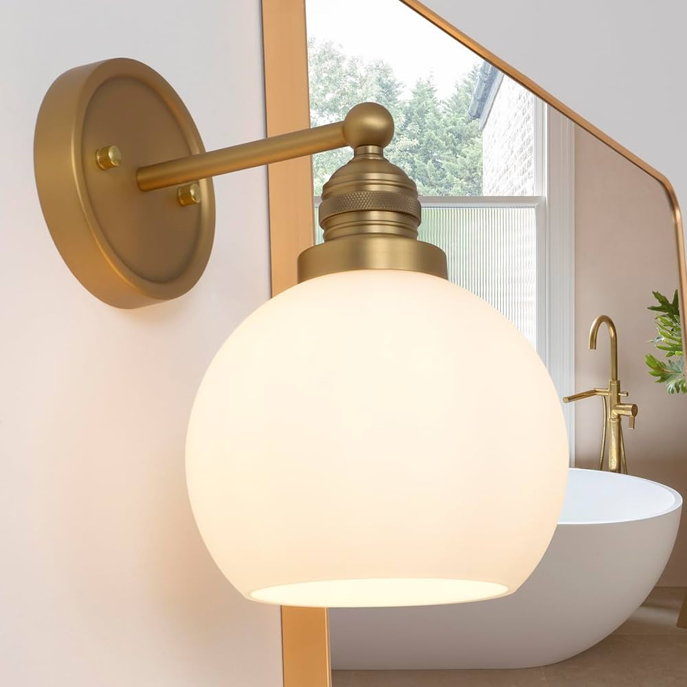 Gold Wall Sconces,Vintage Bathroom Vanity Light with Milk Glass Modern Brass Sconces Wall Lightin... | Amazon (US)