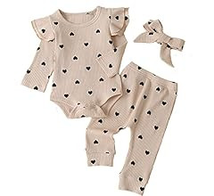 Fullfamous Baby Girl's 3pc Rib Frill Long Sleeve Romper and Pant Set | Amazon (US)