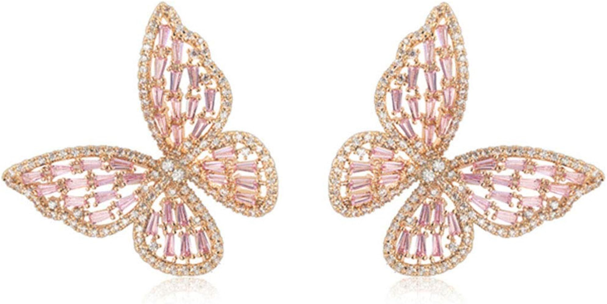 Elegant Stud Earrings for Women Girls Pink Butterfly Earrings Brides Bridesmaids Wedding Jewelry | Amazon (US)