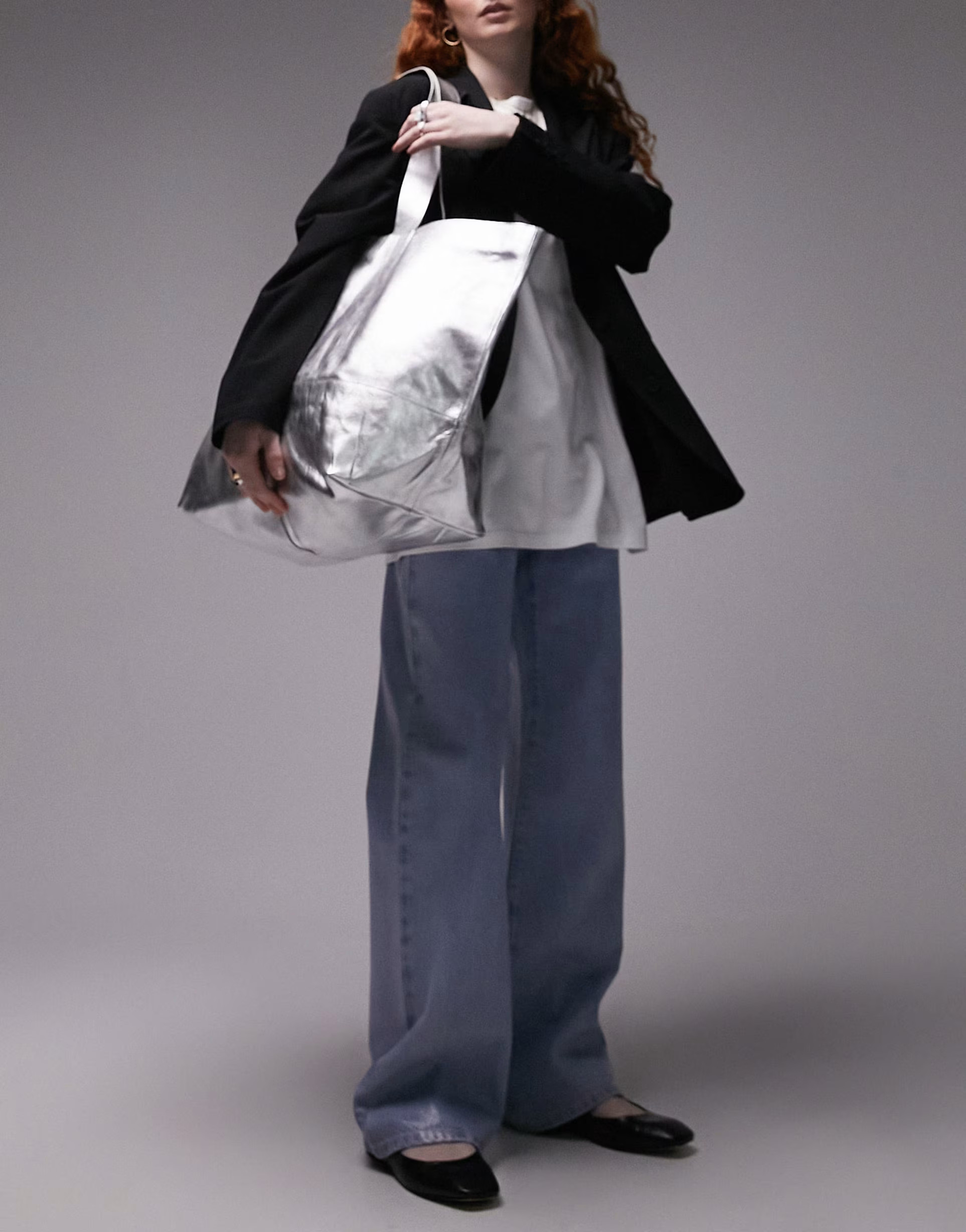 Topshop Lucy leather oversized tote bag in silver | ASOS (Global)