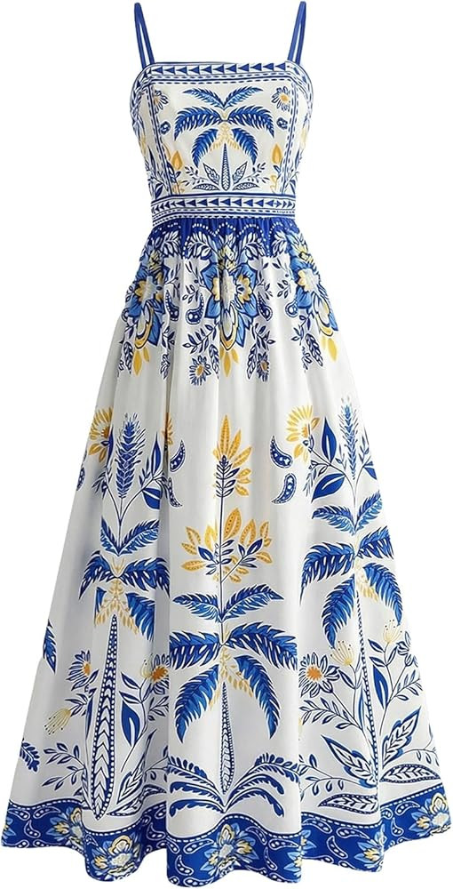 Floerns Women's Tropical Spaghetti Strap Maxi Dress Beach Vacation Summer Flowy Long Dresses | Amazon (US)
