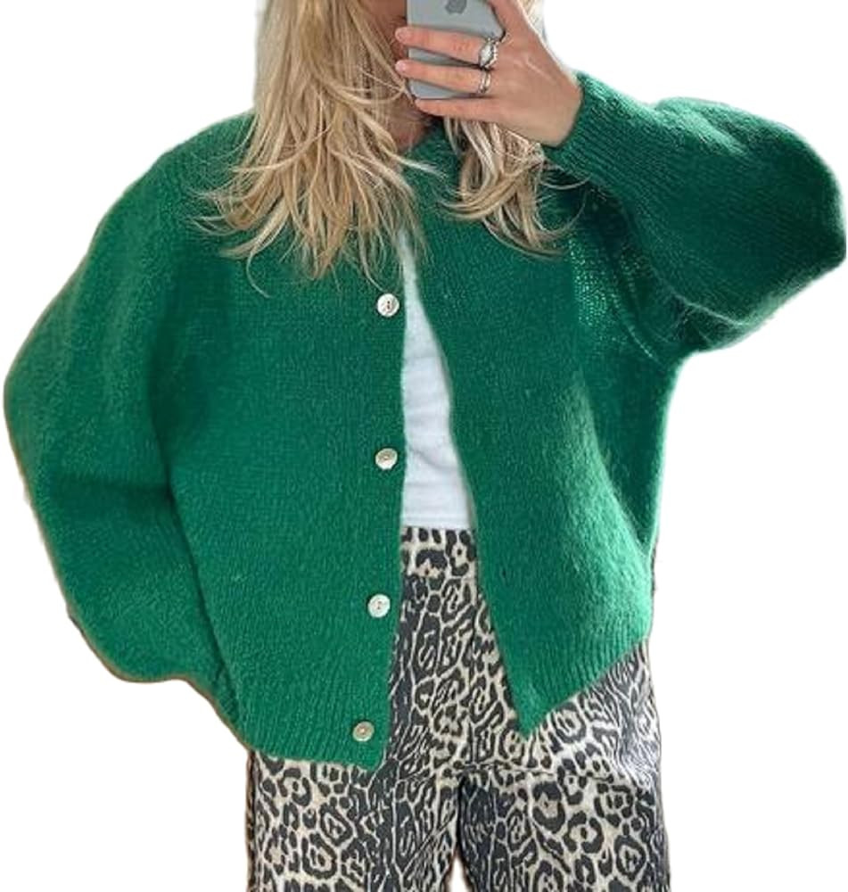 Women Y2K Sweater Cardigan Long Sleeve Crew Neck Button Down Knit Jacket Open Front Lightweight S... | Amazon (US)