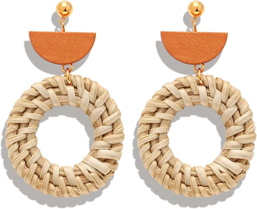 Boho Raffia Earrings for Women, Handmade Woven Straw Statement Dangle Earrings Lightweight Summer... | Amazon (US)