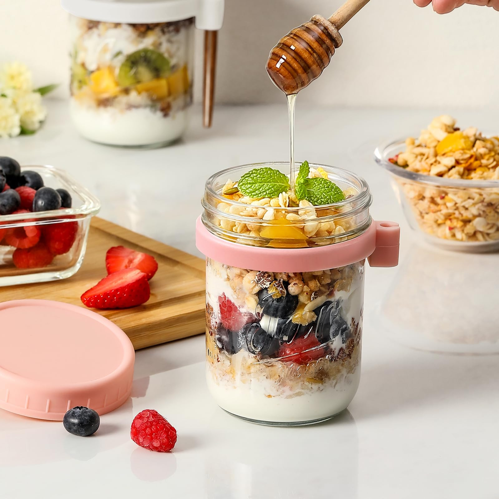 4 Pack Overnight Oats Containers with Lids and Spoons, 16 oz Glass Mason Jars with Airtight Lids,... | Amazon (US)