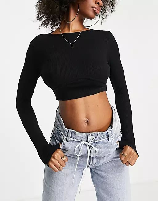 ASOS DESIGN Hourglass super crop top with thumbhole and bust seam detail in black | ASOS (Global)