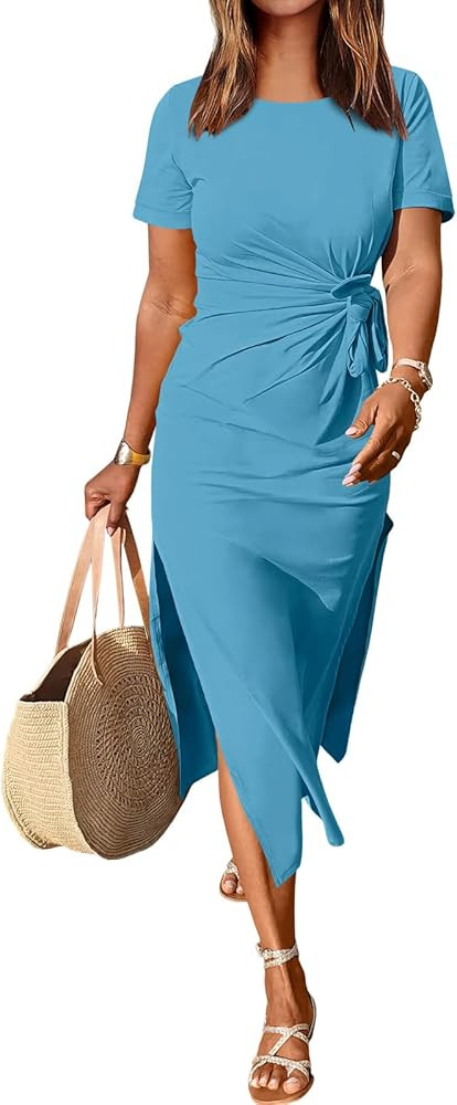 ANRABESS Women’s 2024 Summer Short Sleeve Crewneck T Shirt Maxi Dress Tie Waist Casual Slim Fit... | Amazon (US)