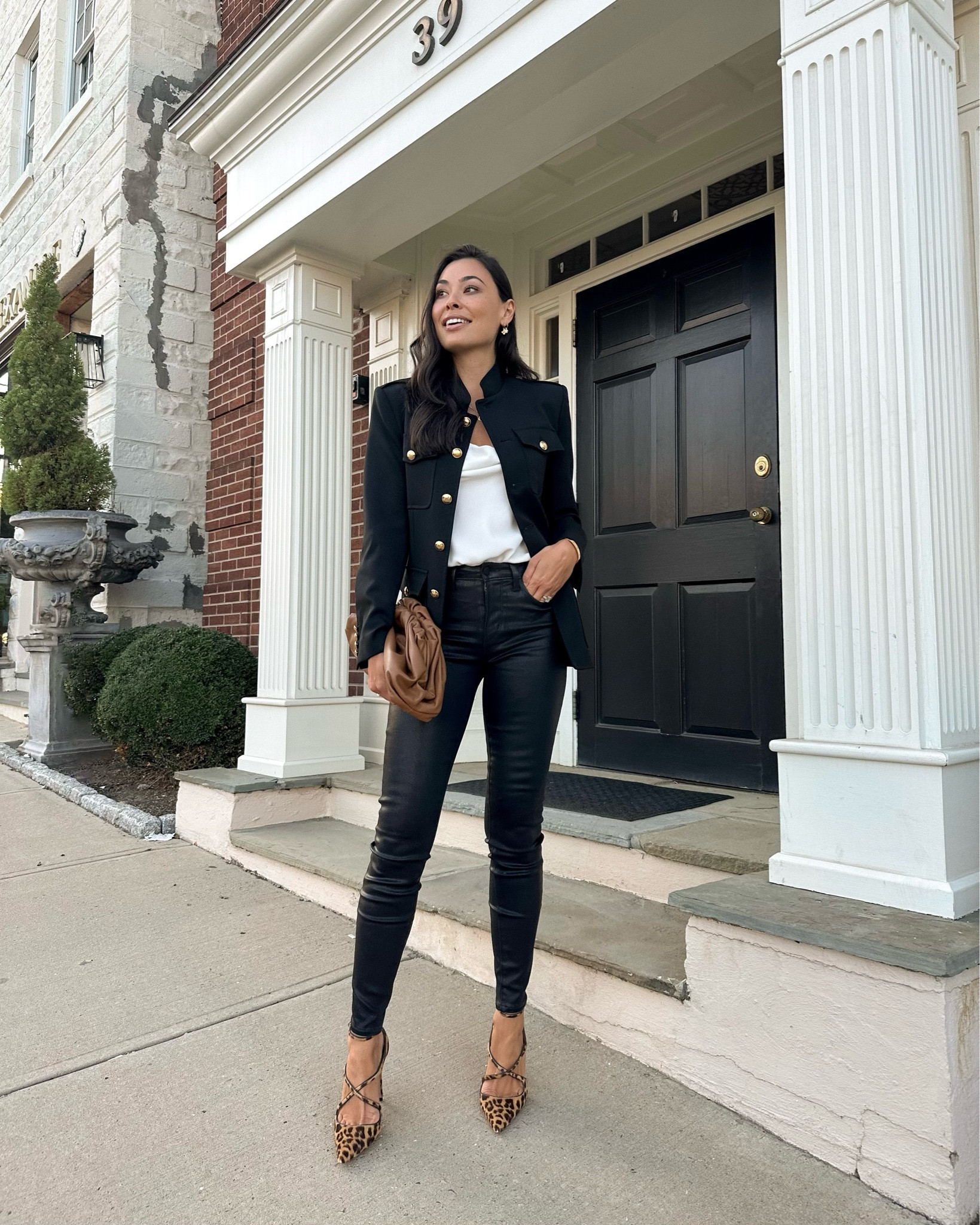Kat Jamieson wears a black jacket, camisole, coated skinny jeans and Aquazurra leopard pumps (old, similar below) to date night with a Bottega clutch. 

#LTKSeasonal #LTKitbag #LTKshoecrush