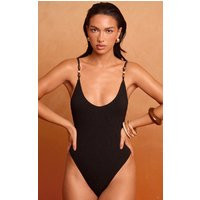 Black Textured Bead Trim Plunge Swimsuit | PrettyLittleThing US
