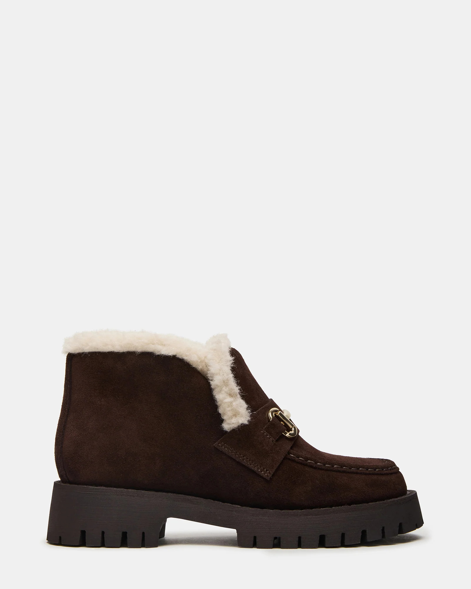 LEON Faux Fur Chocolae Brown Suede Platform Lug Sole Women's Loafer | Steve Madden (US)