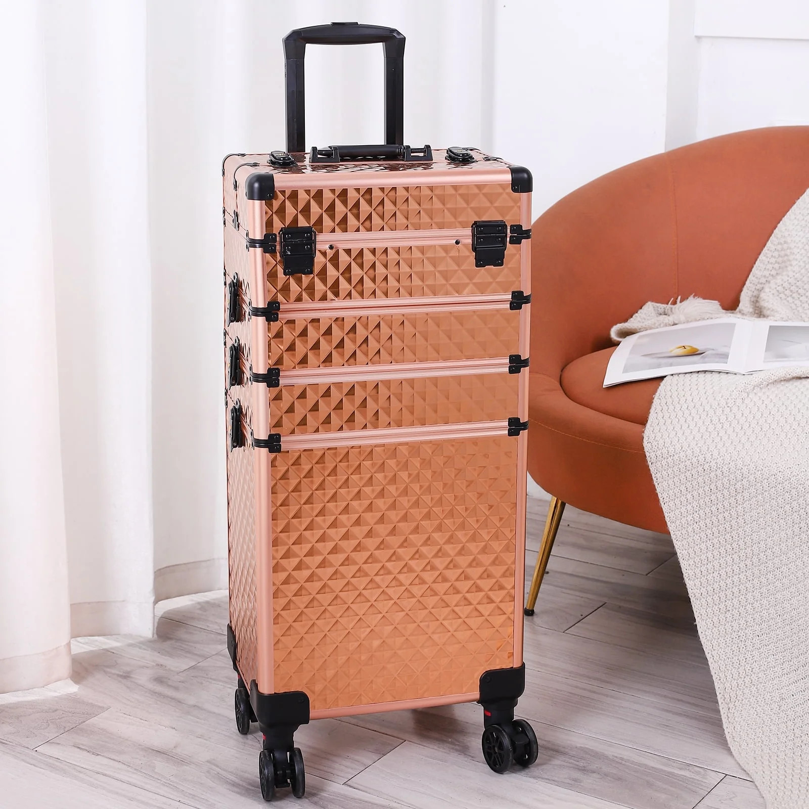 Zimtown Professional 4 in1 Aluminum Rolling Cosmetic Makeup Train Case Trolley, Rose Gold | Walmart (US)