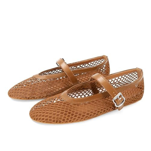 MICIFA Mesh Ballet Flats for Women, Fishnet Buckle Strap Ballerina Shoes Comfy Casual Office Flats Brown | Amazon (US)