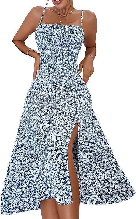 MakeMeChic Women's Floral Print Spaghetti Strap Tie Front Split Cami Summer Midi Dress | Amazon (US)