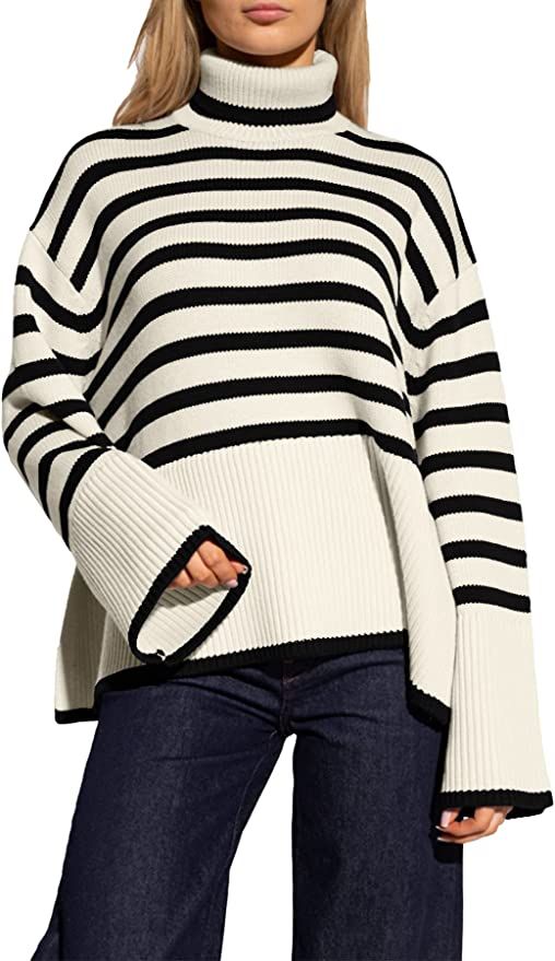 Women's Striped Turtleneck Sweater Long Sleeve Oversized Knitted Soft Pullover Sweaters Side Spli... | Amazon (US)