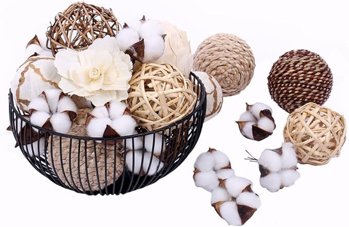 Bag of Assorted Decorative Spherical Natural Woven Twig Rattan and Cotton Bowl and Vase Filler, B... | Amazon (US)