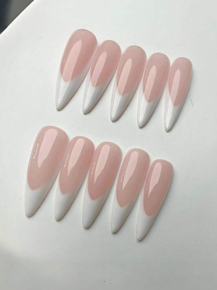 10Pcs Almond Shape Long Press-On Nails, Matte Finish French Manicure, Reusable Nude & White Nail ... | SHEIN