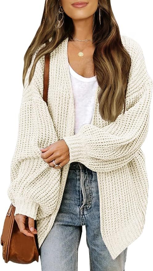 MEROKEETY Women's Open Front Long Lantern Sleeve Cardigan Oversized Chunky Outwear with Pocket | Amazon (US)