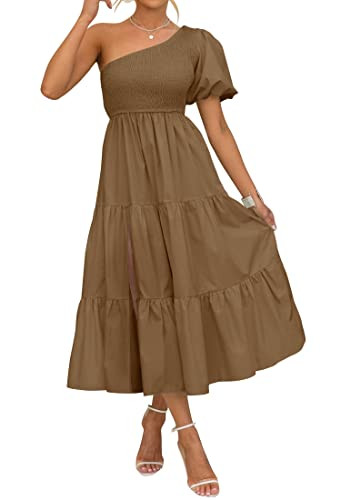 ZESICA Women's 2024 Boho Summer One Shoulder Short Sleeve Smocked Side Split Ruffle Swing Midi Dr... | Amazon (US)