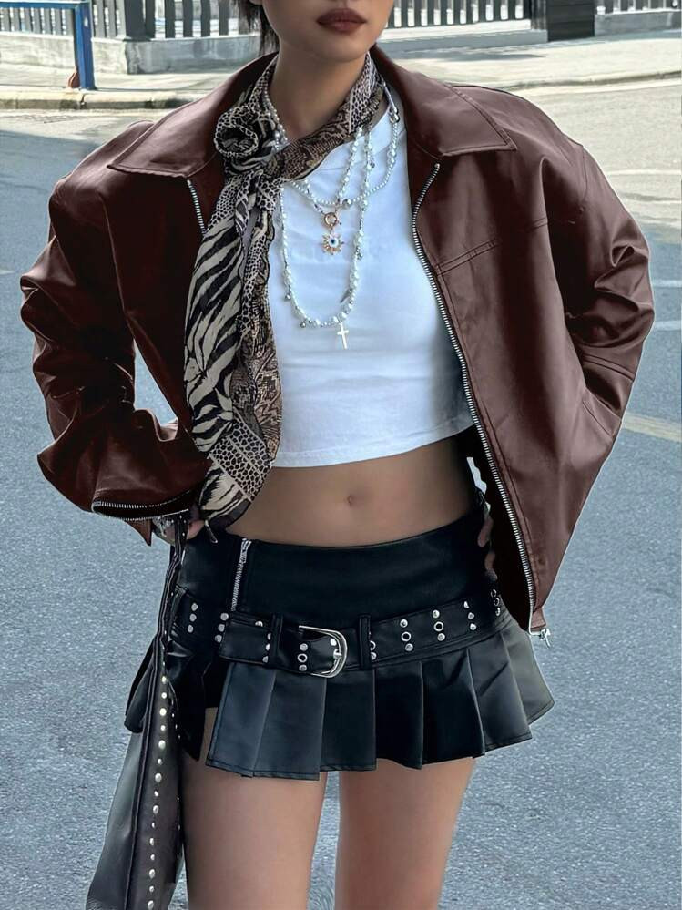 INAWLY SHEIN Bubbli Brown Motorcycle Jacket For Women, Casual Loose Long Sleeve Fall/Winter Leath... | SHEIN