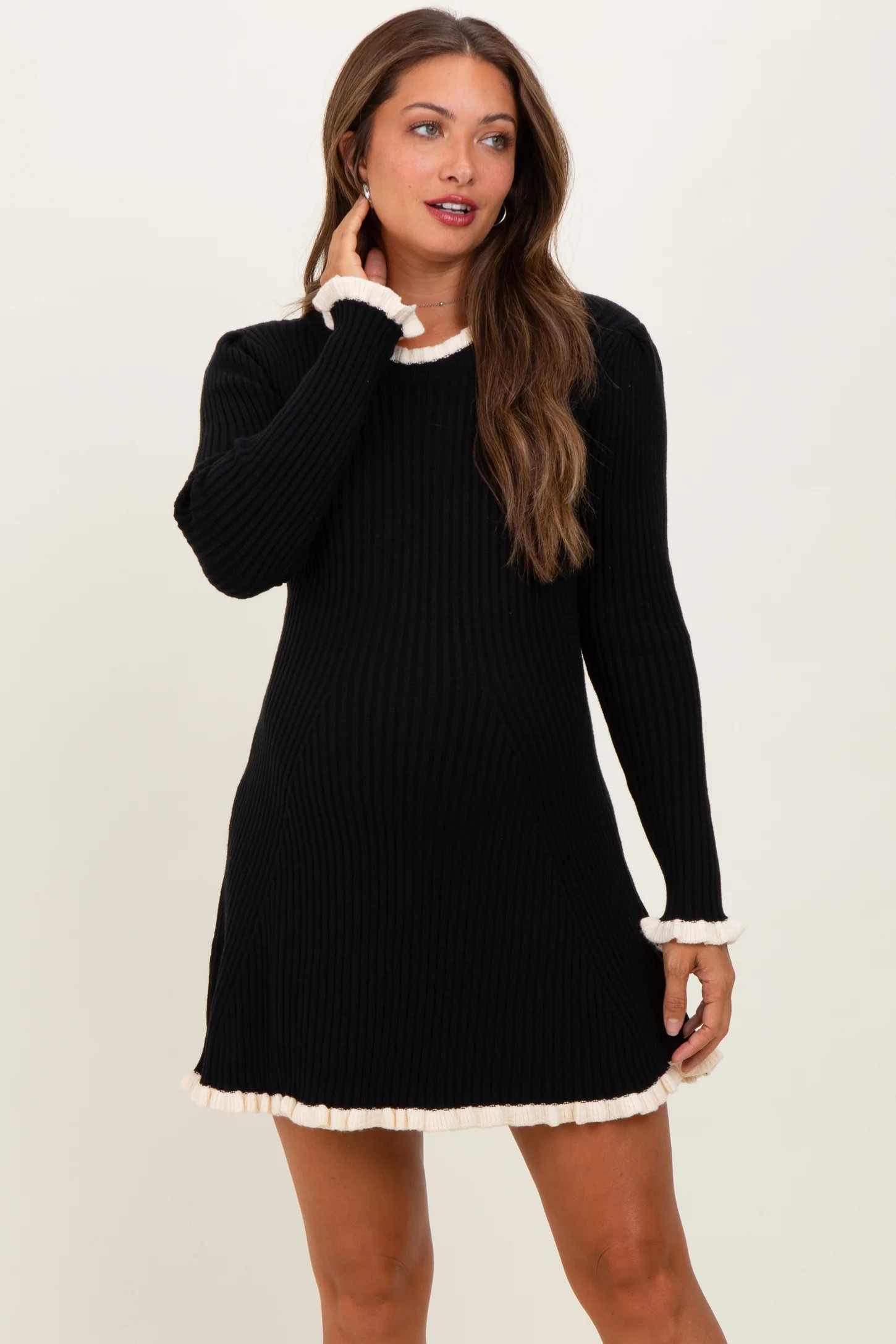 Black Ribbed Knit Contrast Ruffle Trim Maternity Mini Dress | PinkBlush Maternity