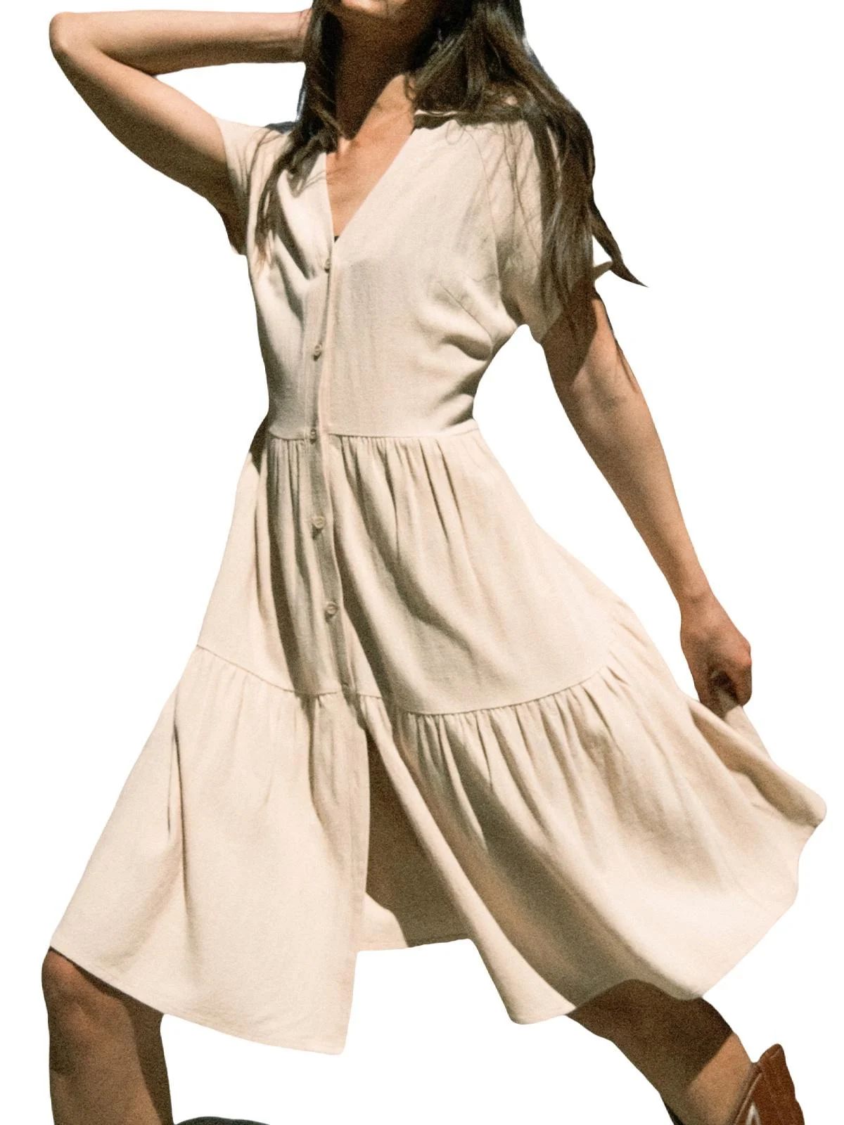 CUPSHE Women's Dress Collared V-neckline Short Sleeves Front Buttons Mini Linen Dress - Walmart.c... | Walmart (US)
